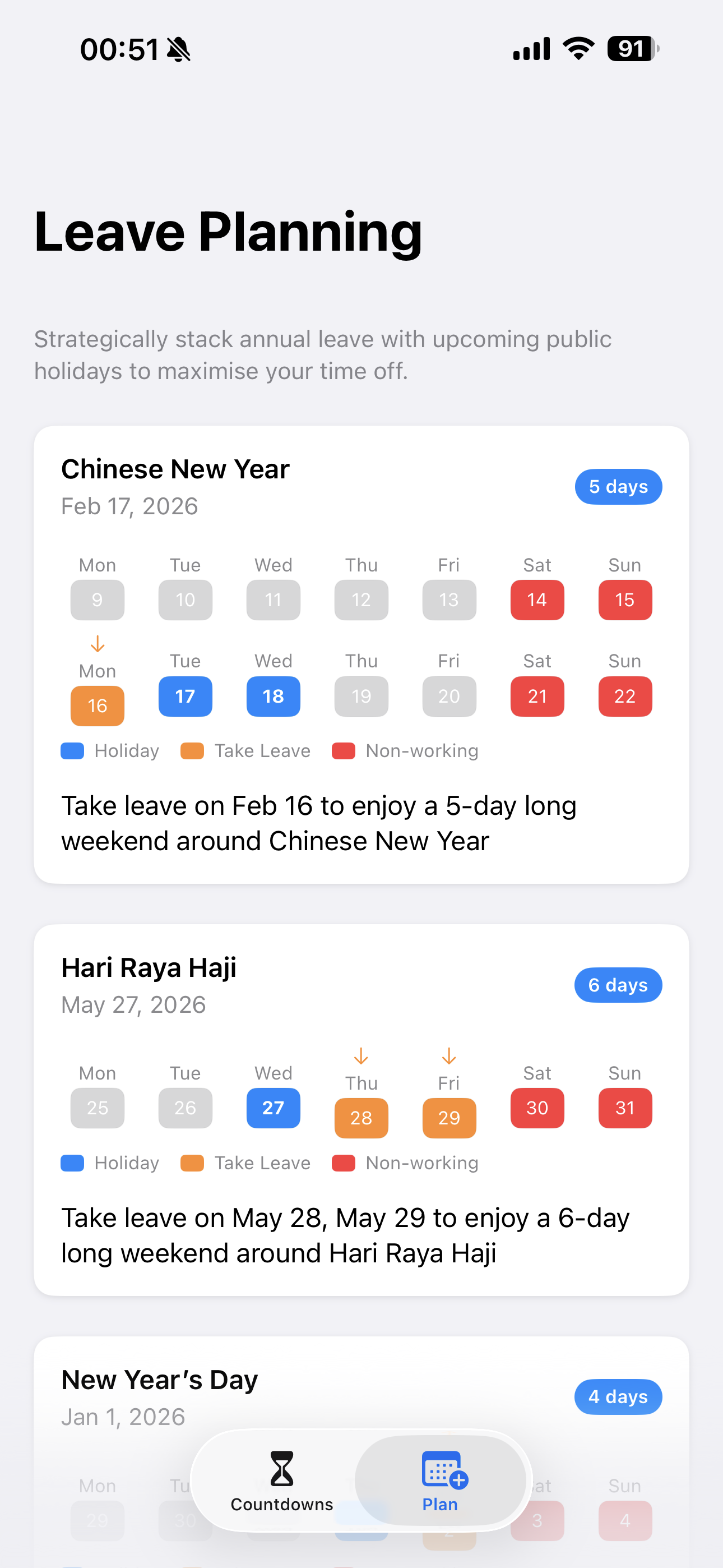 MyNextBreak leave planning screen