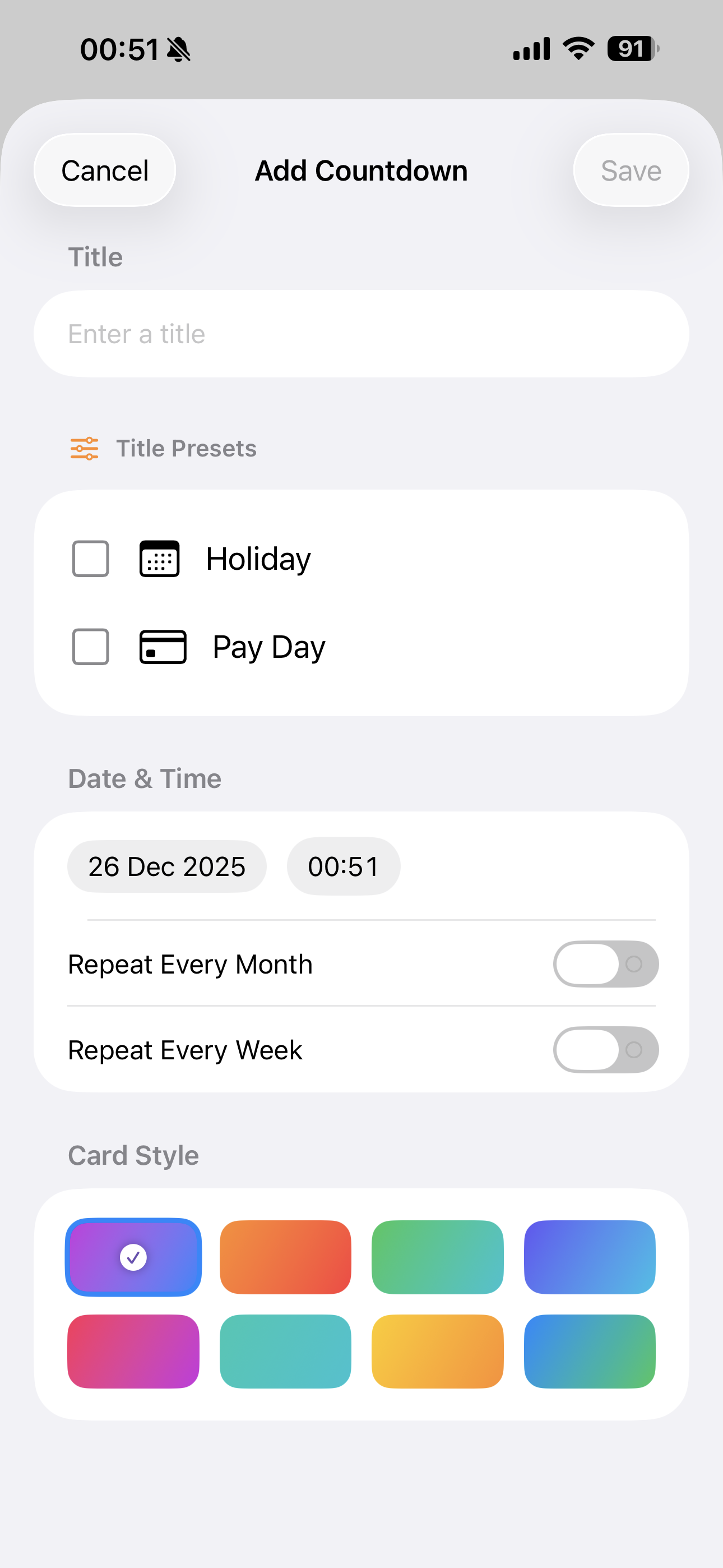 MyNextBreak add countdown screen